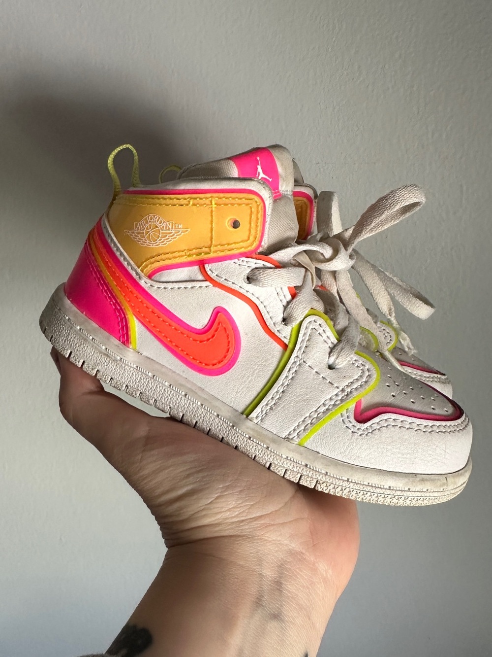 Jordan Kids' High-Top Sneaker - White with Neon Pink, Orange & Yellow Accents